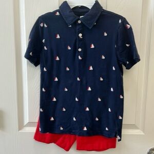 Janie and Jack 2 piece blue/red sailboat polo w/ matching red shorts Boys size 7